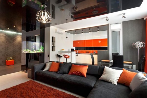 High tech style in the design of the one-room apartment (40 m2)